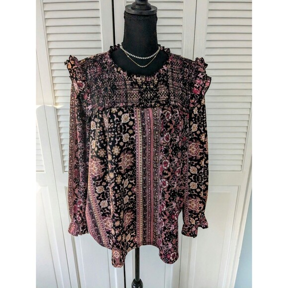 Maurices Top Womens 2X Boho Chic Peasant Smocking Burgundy Floral Flowy Blouse - Picture 1 of 13